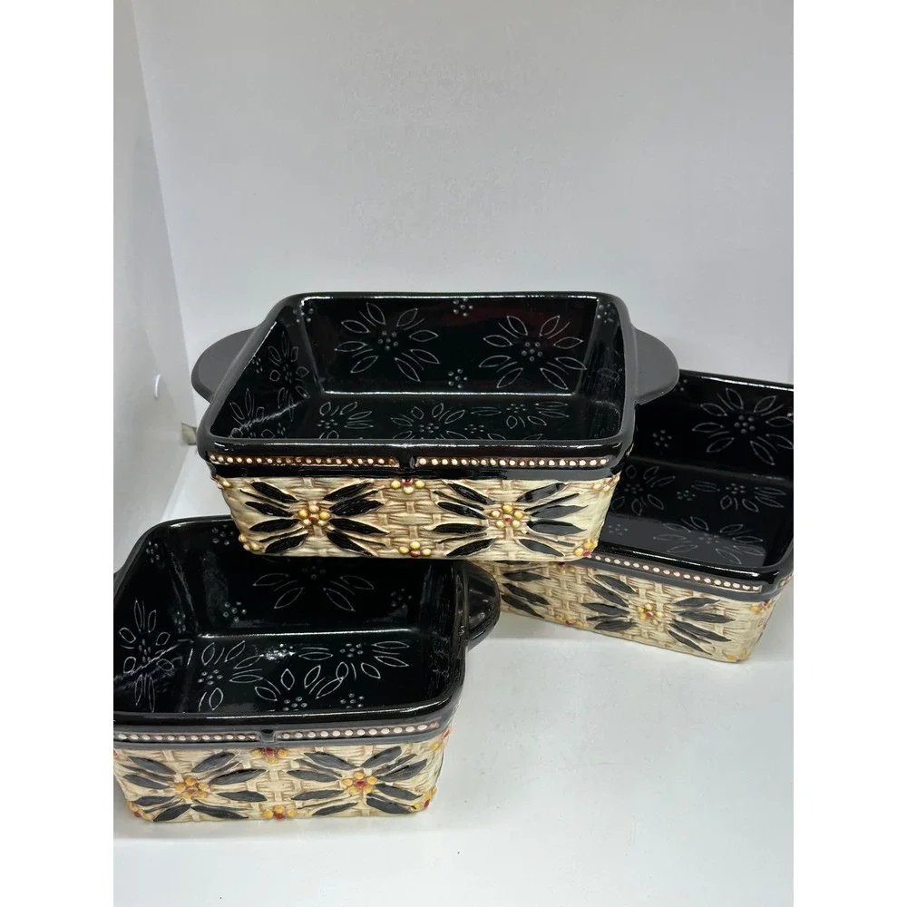 Temp-tations Baker Set Black Old World Basketweave Floral 3 Piece Bakeware